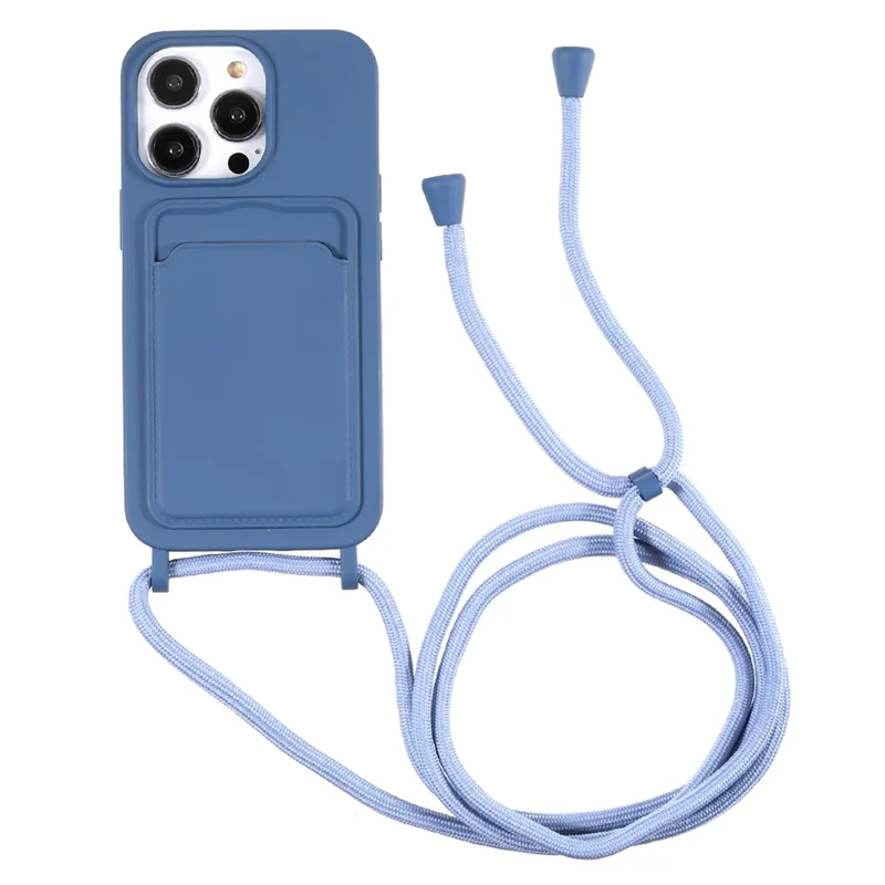 For iPhone 15 Pro Liquid Silicone Card Slot Cover Anti Scratch Protection Phone Case with Strap - Navy Blue