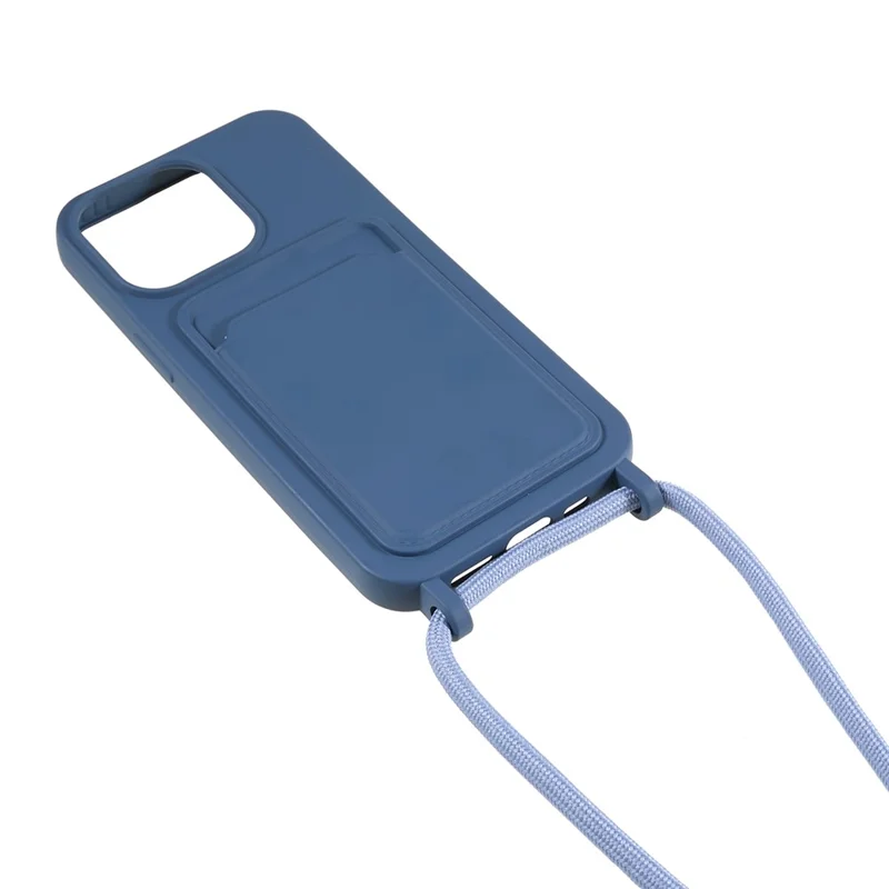 For iPhone 15 Pro Liquid Silicone Card Slot Cover Anti Scratch Protection Phone Case with Strap - Navy Blue