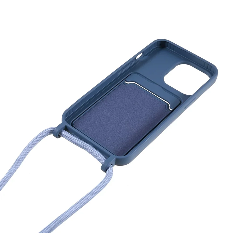 For iPhone 15 Pro Liquid Silicone Card Slot Cover Anti Scratch Protection Phone Case with Strap - Navy Blue