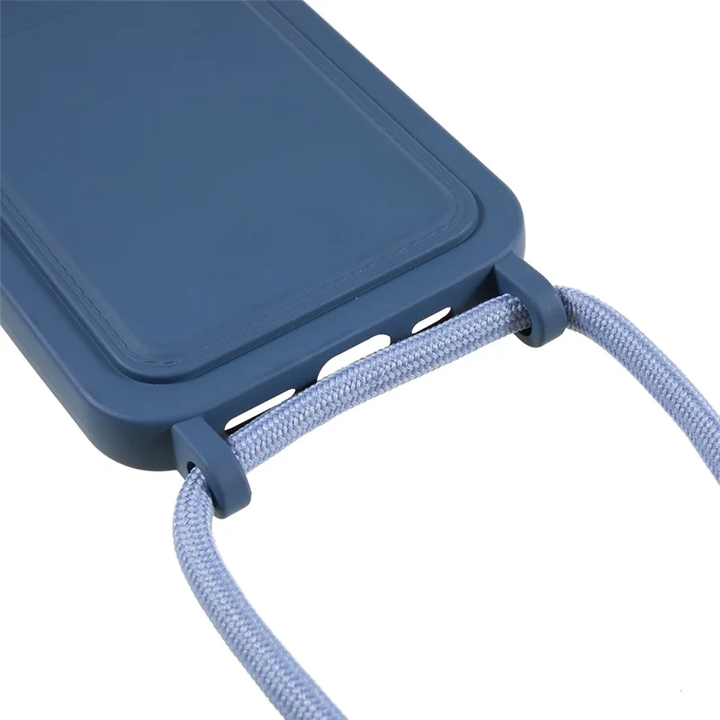 For iPhone 15 Pro Liquid Silicone Card Slot Cover Anti Scratch Protection Phone Case with Strap - Navy Blue