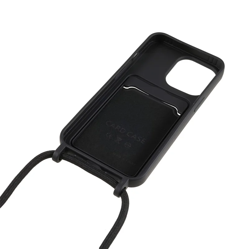 For iPhone 15 Pro Max Phone Case Liquid Silicone Shockproof Cover with Card Holder / Strap - Black