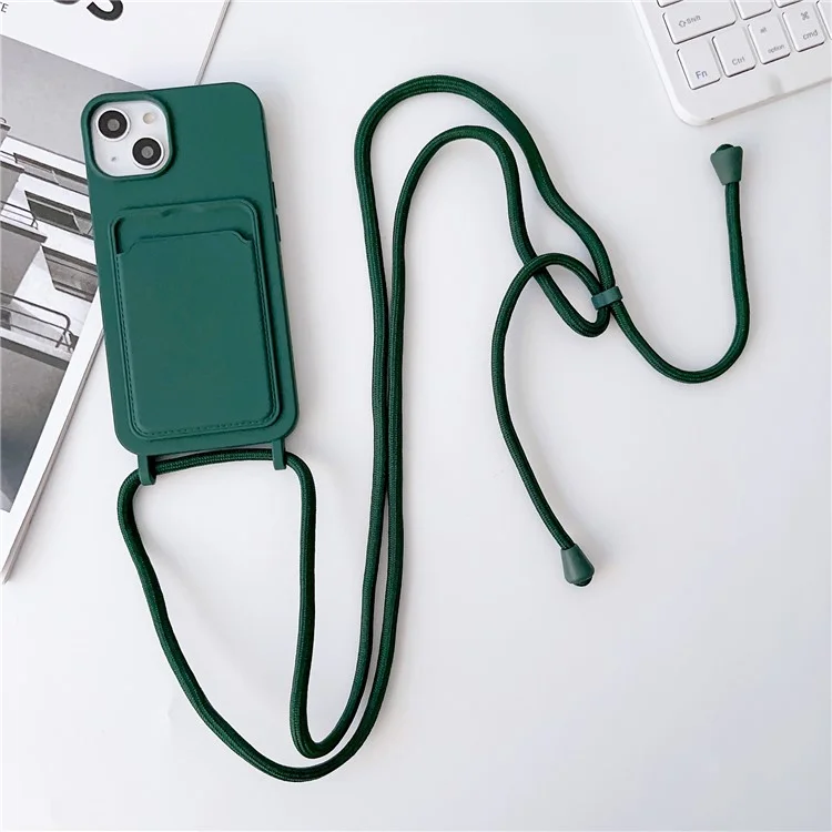 Para iPhone 15 Plus Soft Liquid Silicone Case Card Holder Scratchproof Protective Cover with Strap - Midnight Green