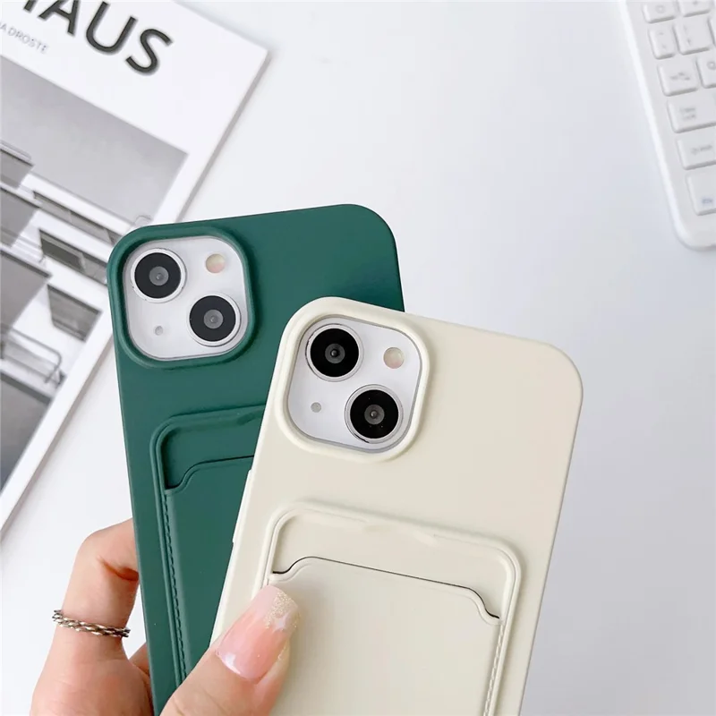 For iPhone 15 Plus Soft Liquid Silicone Case Card Holder Scratchproof Protective Cover with Strap - Beige
