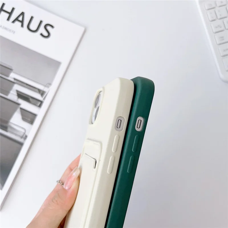 For iPhone 15 Plus Soft Liquid Silicone Case Card Holder Scratchproof Protective Cover with Strap - Beige