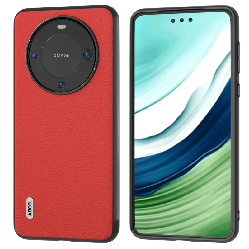 ABEEL для Huawei Mate 60 Pro Genuine Cow Leather Coating Phone Cover Litchi Texture PC+TPU Case - Красный