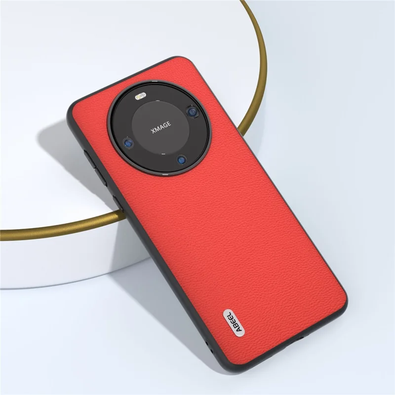 ABEEL для Huawei Mate 60 Pro Genuine Cow Leather Coating Phone Cover Litchi Texture PC+TPU Case - Красный