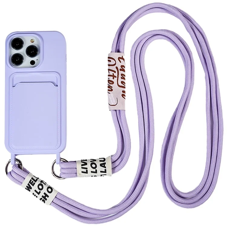 For iPhone 15 Pro Soft Slim Protective Case Liquid Silicone Card Holder Cover with Strap - Purple