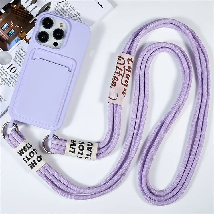 For iPhone 15 Pro Soft Slim Protective Case Liquid Silicone Card Holder Cover with Strap - Purple
