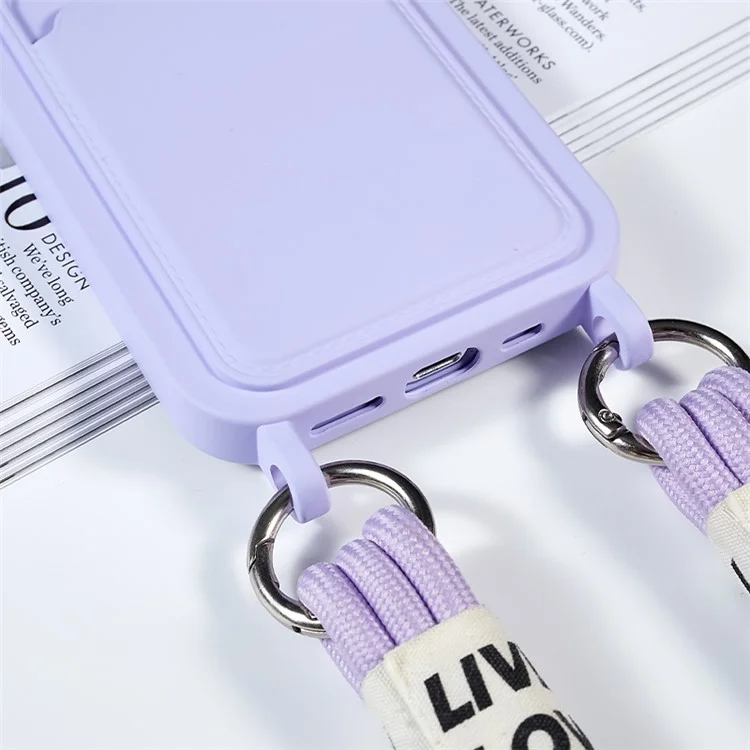 For iPhone 15 Pro Soft Slim Protective Case Liquid Silicone Card Holder Cover with Strap - Purple