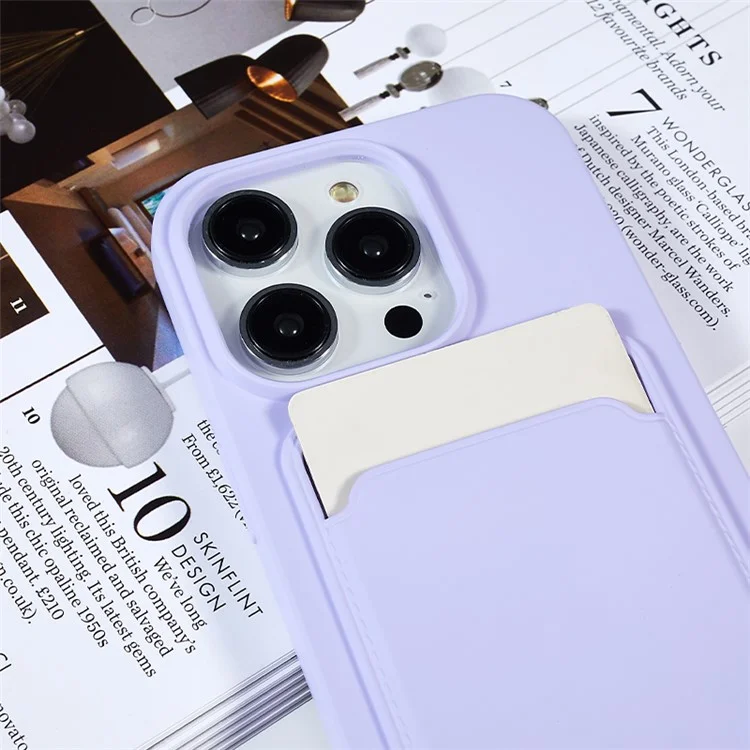 For iPhone 15 Pro Soft Slim Protective Case Liquid Silicone Card Holder Cover with Strap - Purple