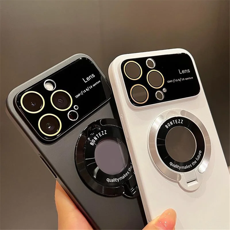 Para iPhone 15 Pro Max Kickstand Phone Cover Compatível com MagSafe Logo View PC Case with Lens Film - Marfim Branco