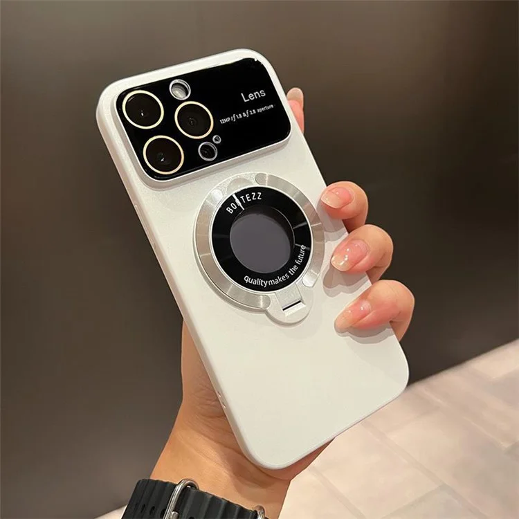 Funda de teléfono compatible con MagSafe para iPhone 15 Pro con vista de logotipo y soporte - Blanco Marfil