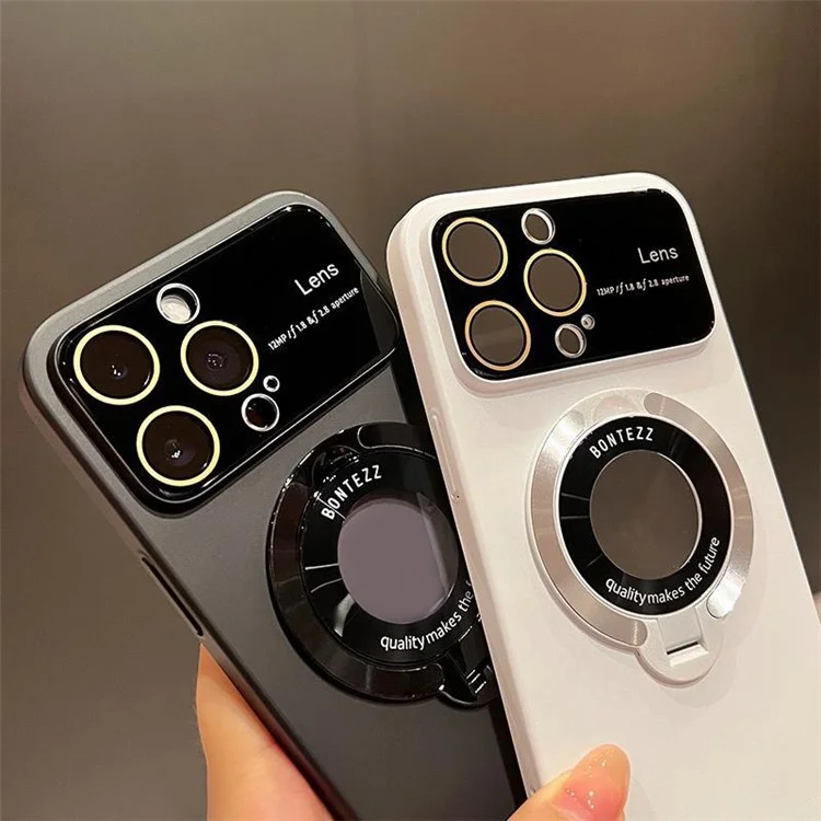 Funda de teléfono compatible con MagSafe para iPhone 15 Pro con vista de logotipo y soporte - Blanco Marfil