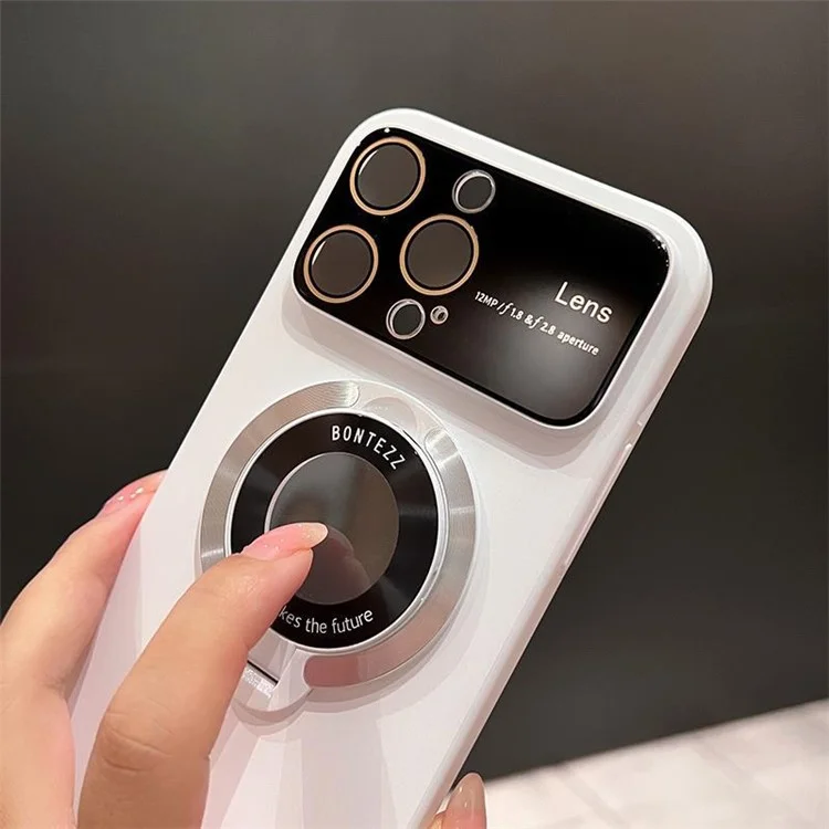 Funda de teléfono compatible con MagSafe para iPhone 15 Pro con vista de logotipo y soporte - Blanco Marfil
