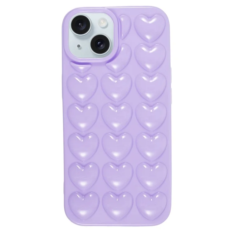 For iPhone 15 Shockproof Mobile Phone Protective Cover 3D Love Heart Soft TPU Back Case - Purple