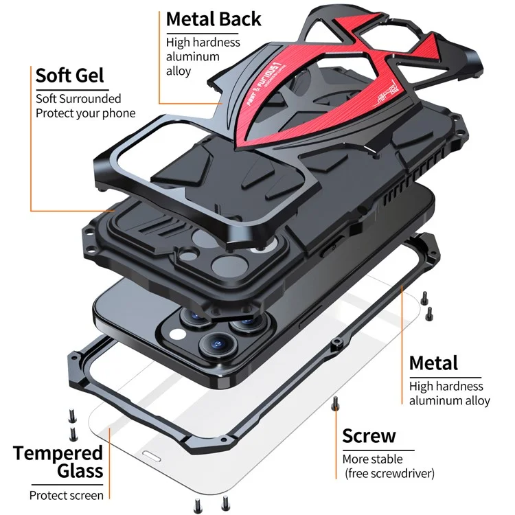 LUPHIE für iPhone 15 Plus Metall+TPU Handyhülle Sportwagen-Design Rundum-Schutz Handyhülle mit Bildschirmfolie - Schwarz