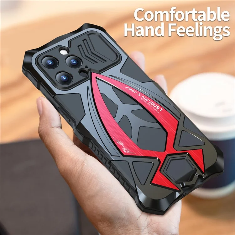 LUPHIE All-Inclusive Protection Phone Case for iPhone 15 Pro Sports Car Design Metal+TPU Case with Screen Film - Black  /  Red