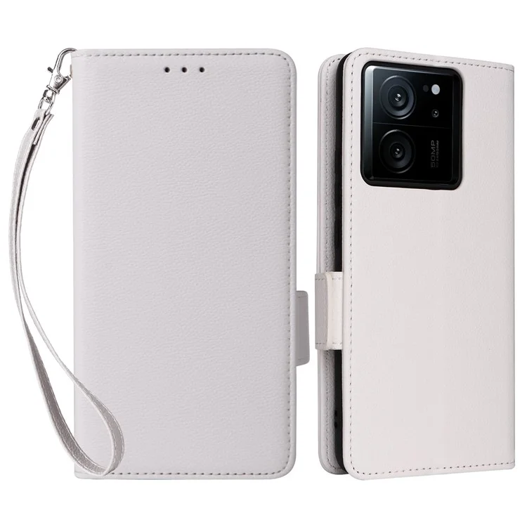 Für Xiaomi 13T / 13T Pro / Redmi K60 Ultra Handyhülle Anti-Kratzer Leder Litchi-Textur Brieftasche Ständer Cover mit Gurt - Weiß