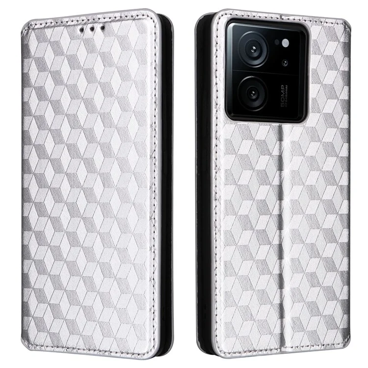 Cover in pelle PU per Xiaomi 13T / 13T Pro / Redmi K60 Ultra, custodia portafoglio per telefono con motivo a rombi impressi - Argento