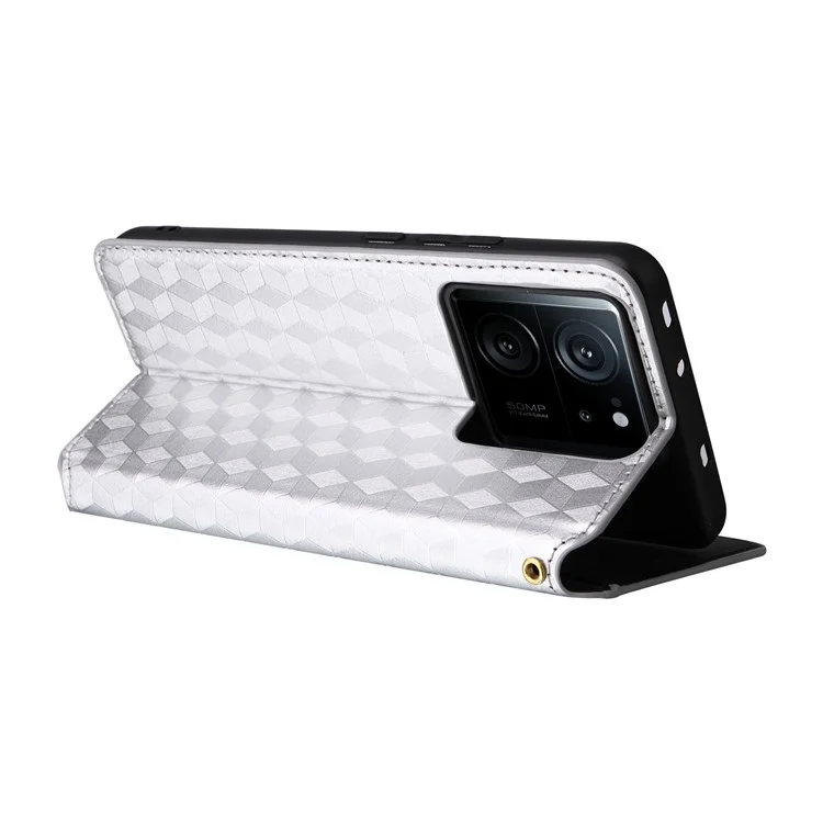 Cover in pelle PU per Xiaomi 13T / 13T Pro / Redmi K60 Ultra, custodia portafoglio per telefono con motivo a rombi impressi - Argento