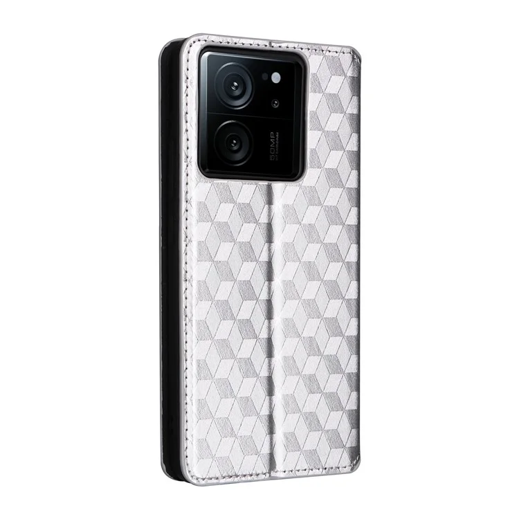 Cover in pelle PU per Xiaomi 13T / 13T Pro / Redmi K60 Ultra, custodia portafoglio per telefono con motivo a rombi impressi - Argento