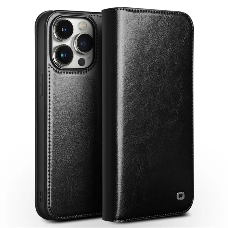 QIALINO For iPhone 15 Pro Max Genuine Leather Folio Flip Cover Wallet Stand Full Protection Phone Case - Black