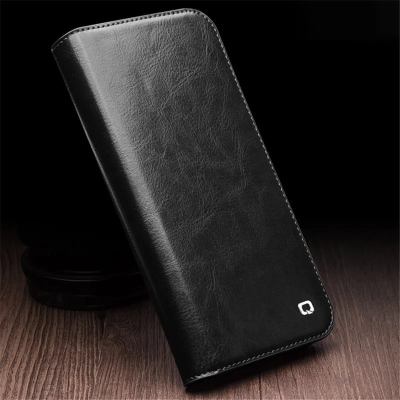 QIALINO For iPhone 15 Pro Max Genuine Leather Folio Flip Cover Wallet Stand Full Protection Phone Case - Black