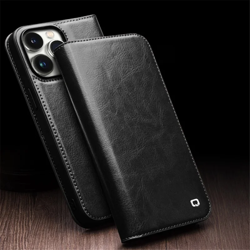 QIALINO For iPhone 15 Pro Max Genuine Leather Folio Flip Cover Wallet Stand Full Protection Phone Case - Black