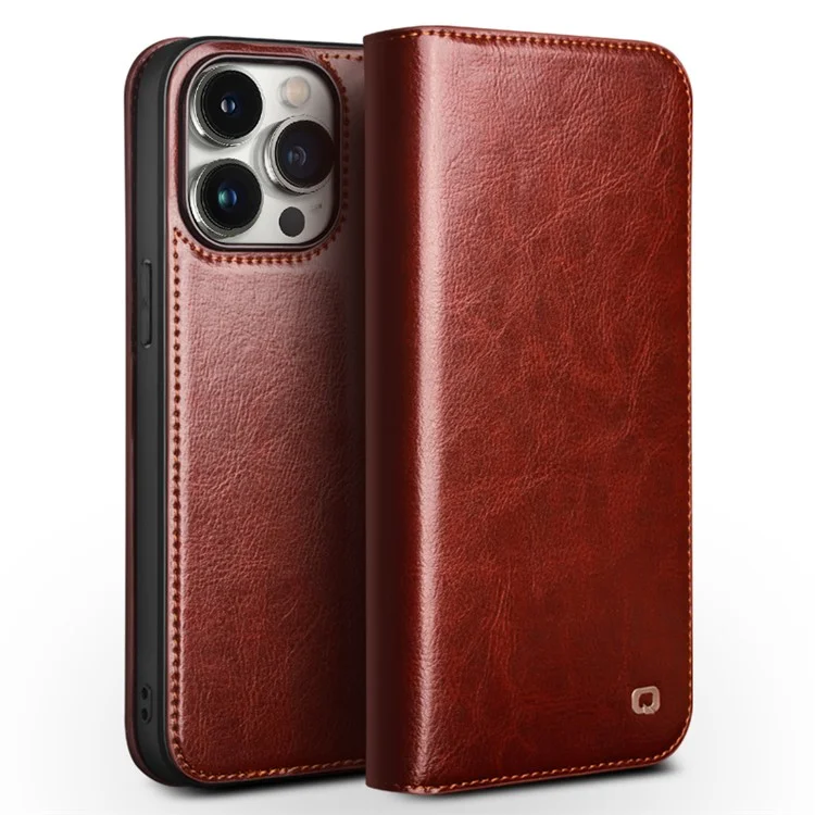 QIALINO For iPhone 15 Pro Max Genuine Leather Folio Flip Cover Wallet Stand Full Protection Phone Case - Brown