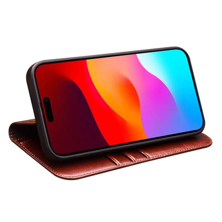QIALINO For iPhone 15 Pro Max Genuine Leather Folio Flip Cover Wallet Stand Full Protection Phone Case - Brown