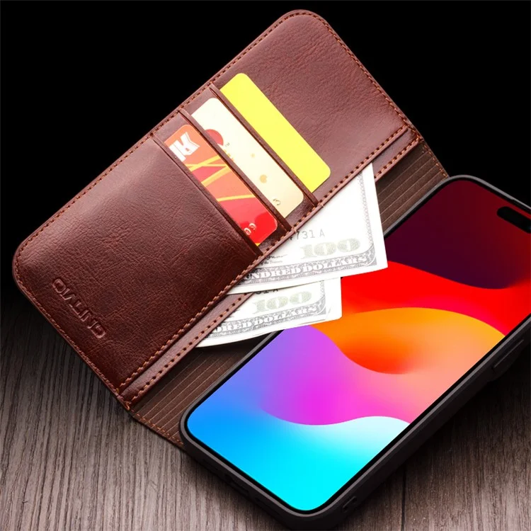QIALINO For iPhone 15 Pro Max Genuine Leather Folio Flip Cover Wallet Stand Full Protection Phone Case - Brown