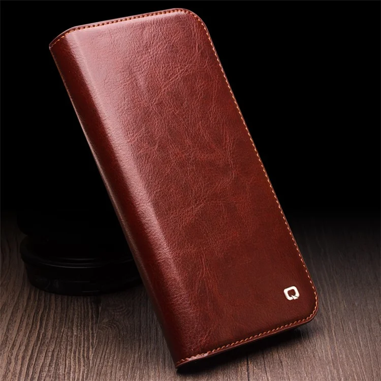 QIALINO For iPhone 15 Pro Max Genuine Leather Folio Flip Cover Wallet Stand Full Protection Phone Case - Brown