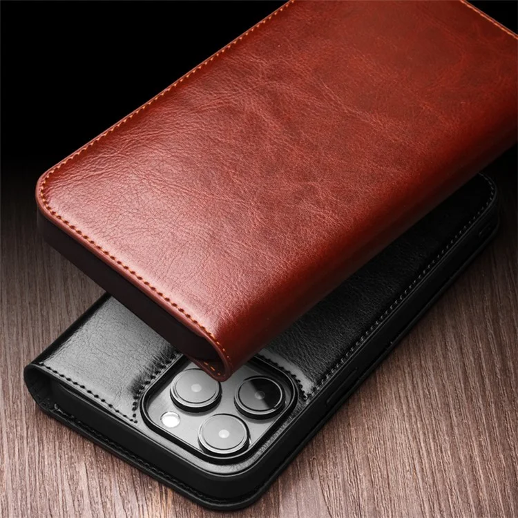 QIALINO For iPhone 15 Pro Max Genuine Leather Folio Flip Cover Wallet Stand Full Protection Phone Case - Brown