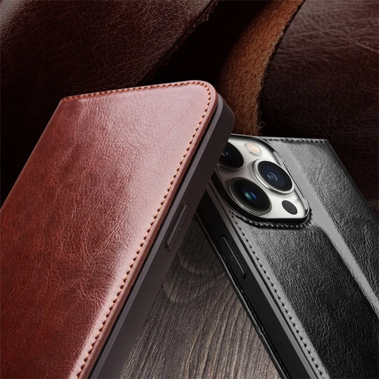 QIALINO For iPhone 15 Pro Max Genuine Leather Folio Flip Cover Wallet Stand Full Protection Phone Case - Brown