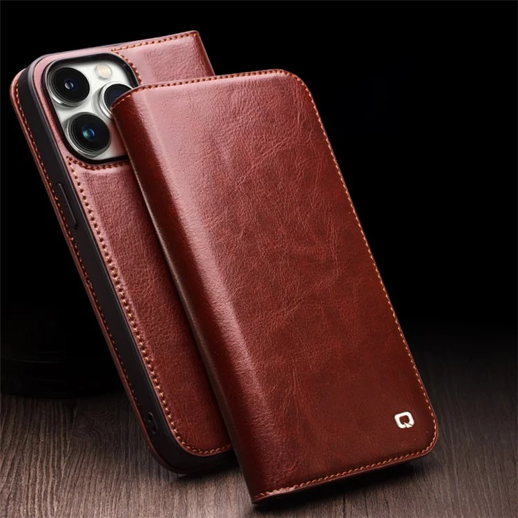 QIALINO For iPhone 15 Pro Max Genuine Leather Folio Flip Cover Wallet Stand Full Protection Phone Case - Brown