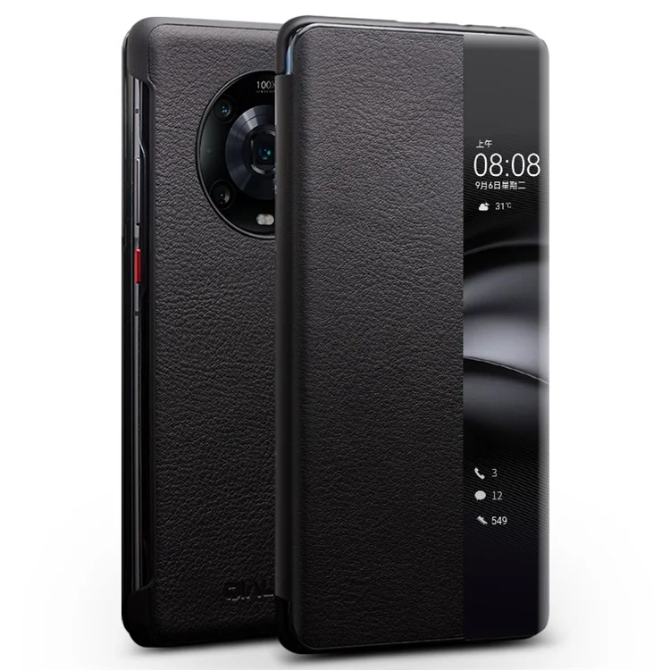 QIALINO para Honor Magic4 Pro 5G Funda de cuero auténtico de vaca Portada con ventana Folio Flip Case - Negro