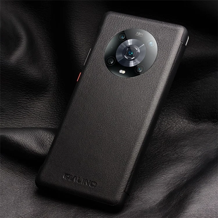 QIALINO para Honor Magic4 Pro 5G Funda de cuero auténtico de vaca Portada con ventana Folio Flip Case - Negro