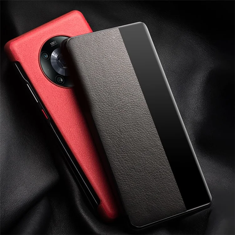 QIALINO para Honor Magic4 Pro 5G Funda de cuero auténtico de vaca Portada con ventana Folio Flip Case - Negro