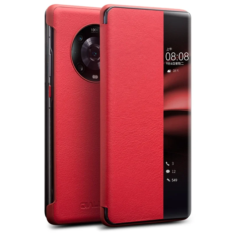 QIALINO لهاتف Honor Magic4 Pro 5G غطاء واقي من الجلد الطبيعي للبقر مع نافذة عرض، غطاء قلّاب - أحمر