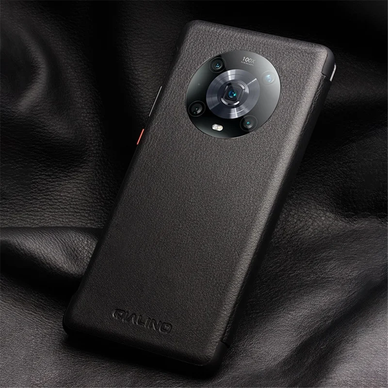 QIALINO لهاتف Honor Magic4 Pro 5G غطاء واقي من الجلد الطبيعي للبقر مع نافذة عرض، غطاء قلّاب - أحمر