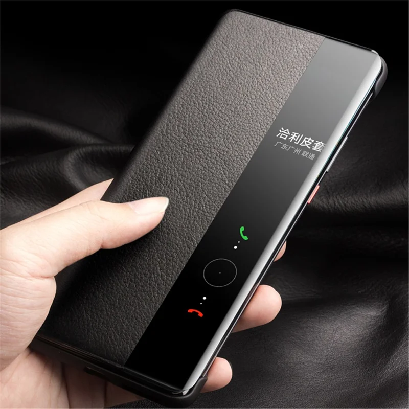 QIALINO لهاتف Honor Magic4 Pro 5G غطاء واقي من الجلد الطبيعي للبقر مع نافذة عرض، غطاء قلّاب - أحمر