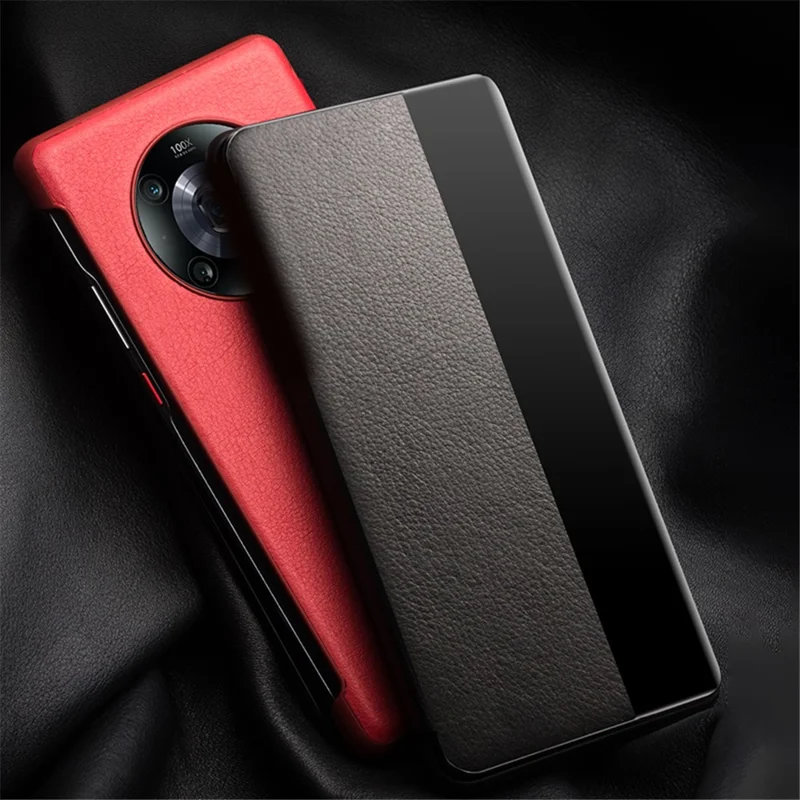 QIALINO لهاتف Honor Magic4 Pro 5G غطاء واقي من الجلد الطبيعي للبقر مع نافذة عرض، غطاء قلّاب - أحمر