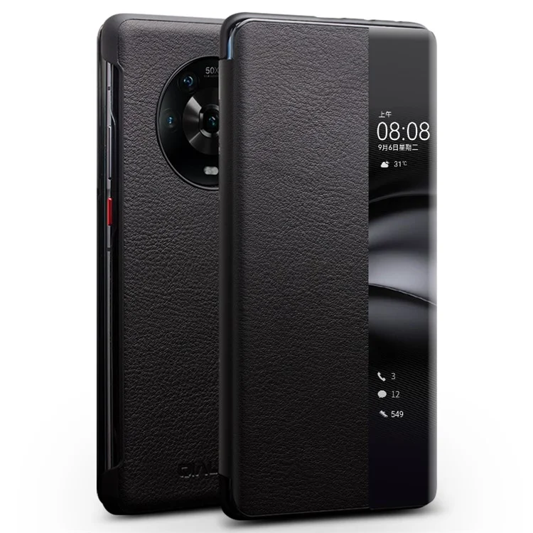 QIALINO pour Honor Magic4 5G Étui à fenêtre antichoc en cuir véritable de vache Folio à clapet Housse de téléphone - Noir