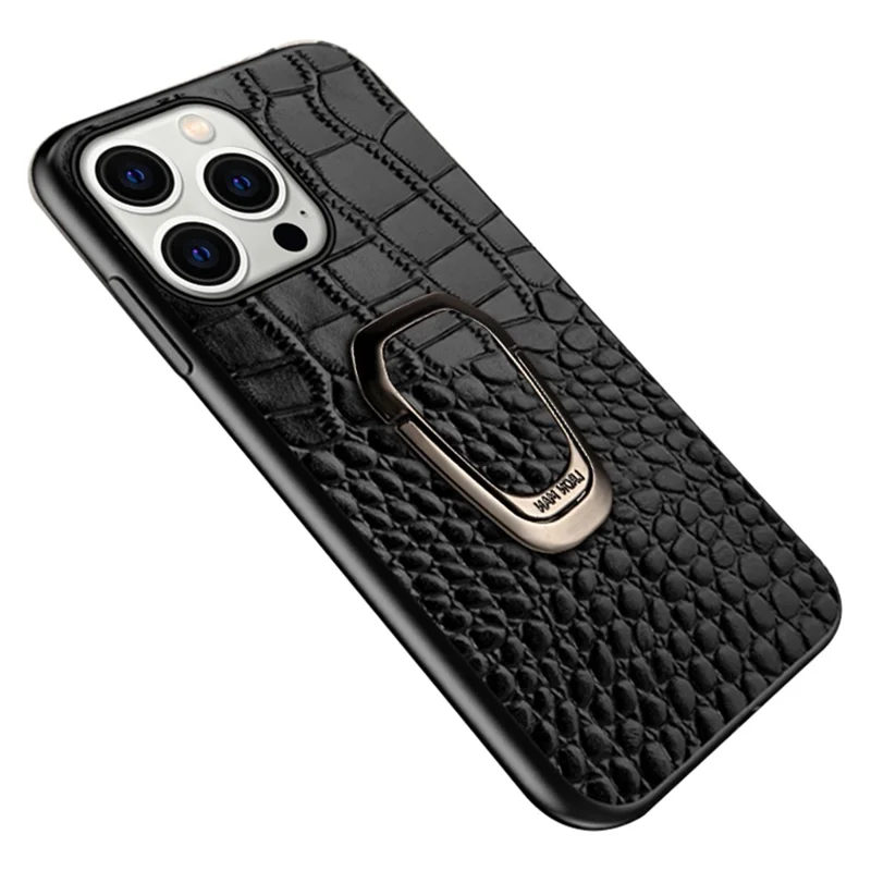 Для iPhone 15 Pro Genuine Cow Leather TPU Phone Case Crocodile Texture Kickstand Cell Phone Cover - Black