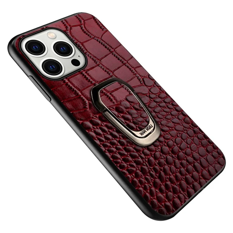 For iPhone 15 Plus Ring Kickstand Phone Back Case Crocodile Texture Genuine Cow Leather TPU Mobile Cover - Wine Red