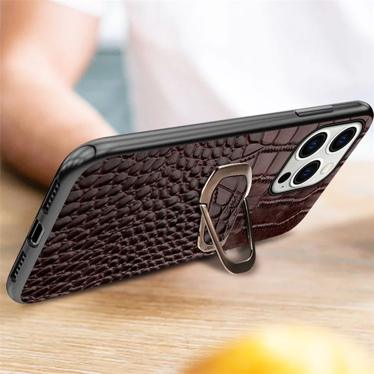 For iPhone 15 Plus Ring Kickstand Phone Back Case Crocodile Texture Genuine Cow Leather TPU Mobile Cover - Wine Red
