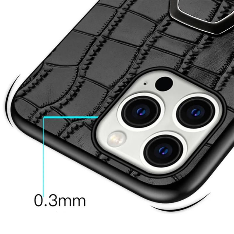 For iPhone 15 Pro Max Anti-scratch Genuine Cow Leather TPU Cover Crocodile Texture Phone Case with Ring Kickstand - Wine Red