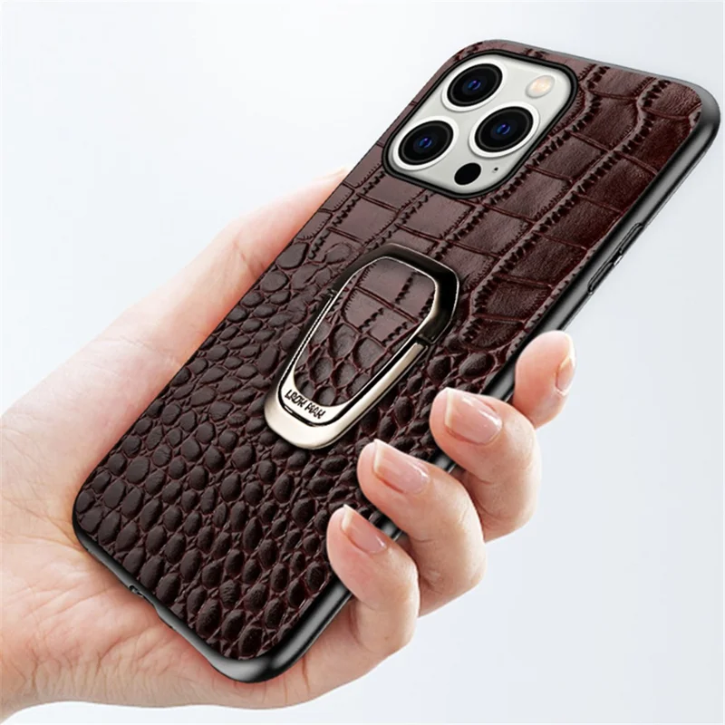 For iPhone 15 Pro Max Anti-scratch Genuine Cow Leather TPU Cover Crocodile Texture Phone Case with Ring Kickstand - Wine Red
