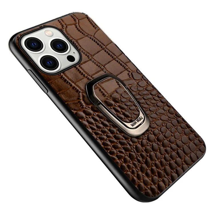 Для iPhone 15 Genuine Cow Leather TPU Mobile Cover Crocodile Texture Shockproof Kickstand Phone Case - Coffee