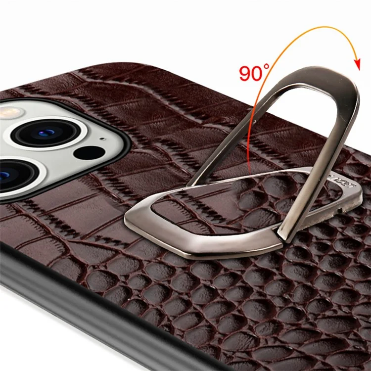 Для iPhone 15 Genuine Cow Leather TPU Mobile Cover Crocodile Texture Shockproof Kickstand Phone Case - Coffee